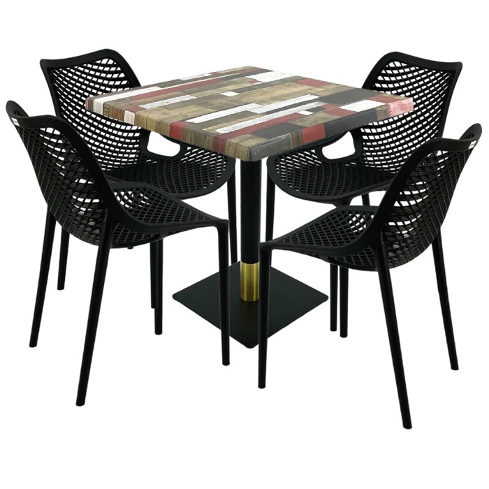 Set mobila pentru restaurant, 4 scaune London Air negru suprapozabile cu masa patrata 80x80x74cm Raki Maple blat werzalit si picior metalic negru/auriu