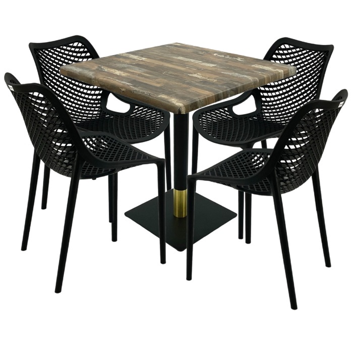 Set mobila pentru restaurant, 4 scaune London Air negru suprapozabile cu masa patrata 80x80x74cm Raki Maple blat werzalit si picior metalic negru/auriu