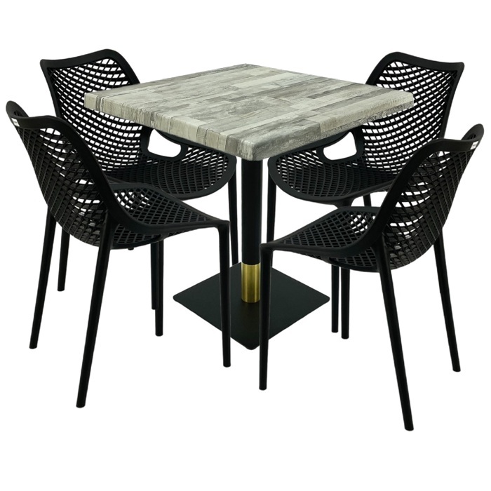 Set mobila pentru restaurant, 4 scaune London Air negru suprapozabile cu masa patrata 80x80x74cm Raki Maple blat werzalit si picior metalic negru/auriu