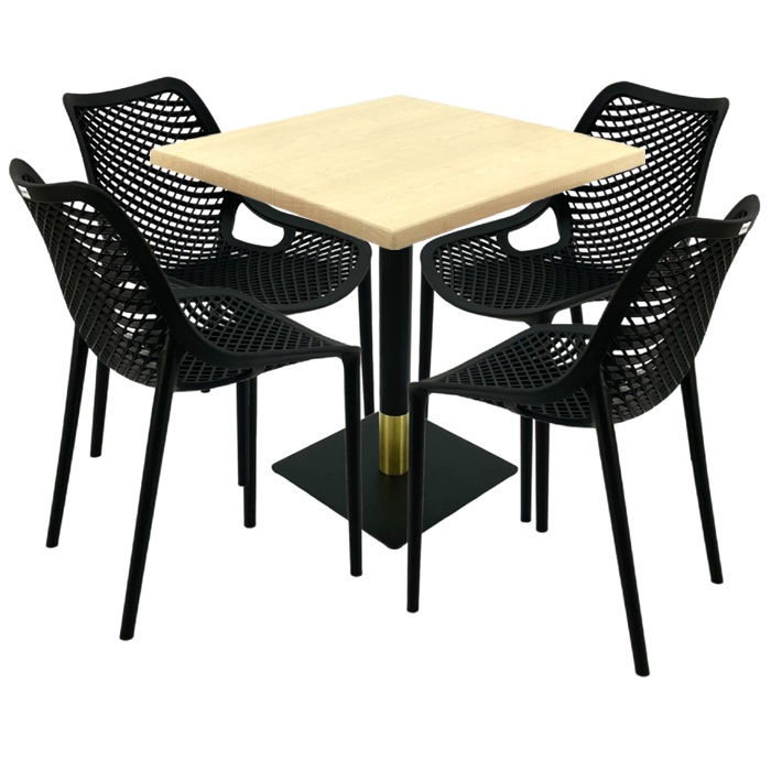 Set mobila pentru restaurant, 4 scaune London Air negru suprapozabile cu masa patrata 80x80x74cm Raki Maple blat werzalit si picior metalic negru/auriu