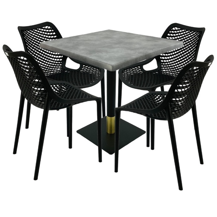 Set mobila pentru restaurant, 4 scaune London Air negru suprapozabile cu masa patrata 80x80x74cm Raki Maple blat werzalit si picior metalic negru/auriu