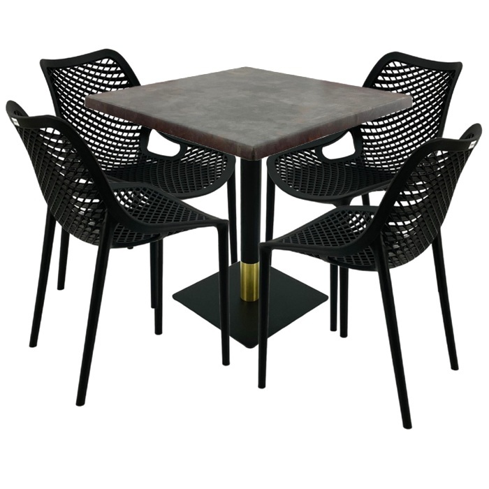 Set mobila pentru restaurant, 4 scaune London Air negru suprapozabile cu masa patrata 80x80x74cm Raki Maple blat werzalit si picior metalic negru/auriu