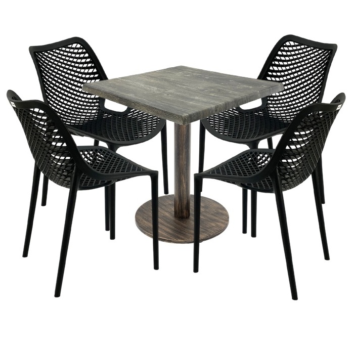 Set mobila pentru restaurant,masa  70x70x74cm Raki MAPLE blat werzalit, 4 scaune London Air negru suprapozabile, picior metalic,baza rotunda, antichizat