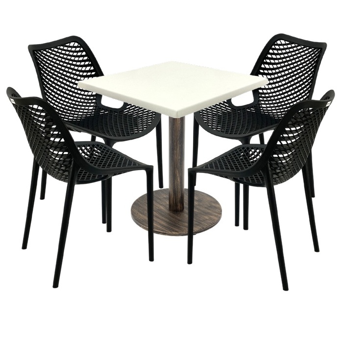 Set mobila pentru restaurant,masa  70x70x74cm Raki MAPLE blat werzalit, 4 scaune London Air negru suprapozabile, picior metalic,baza rotunda, antichizat
