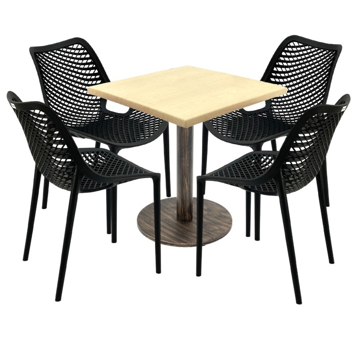 Set mobila pentru restaurant,masa  70x70x74cm Raki MAPLE blat werzalit, 4 scaune London Air negru suprapozabile, picior metalic,baza rotunda, antichizat