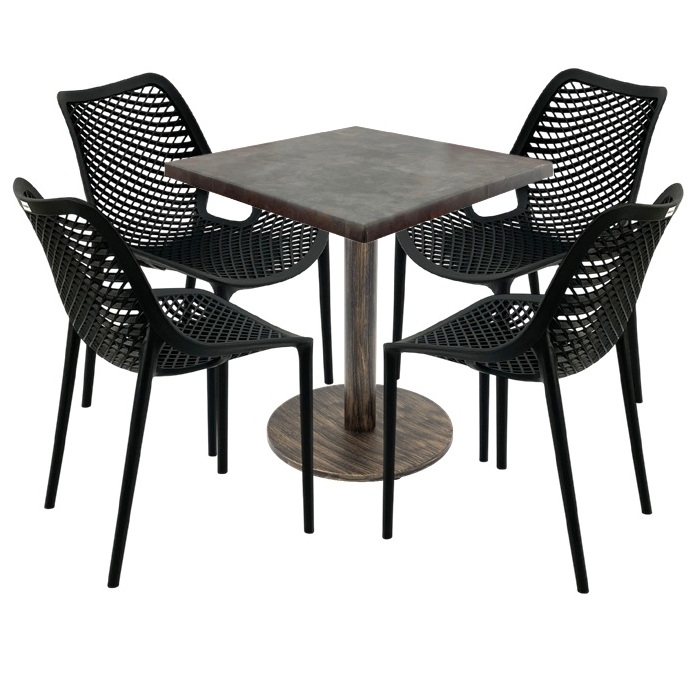 Set mobila pentru restaurant,masa  70x70x74cm Raki MAPLE blat werzalit, 4 scaune London Air negru suprapozabile, picior metalic,baza rotunda, antichizat