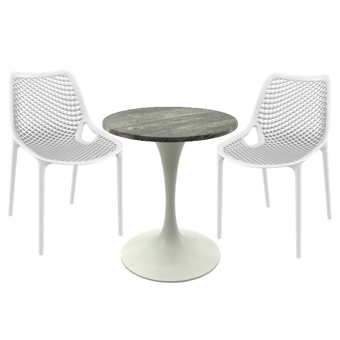 Set mobila pentru terasa restaurant, 2 scaune London Air albe cu masa rotunda 60x74cm Raki MAPLE blat werzalit si picior metalic cu baza 50cm