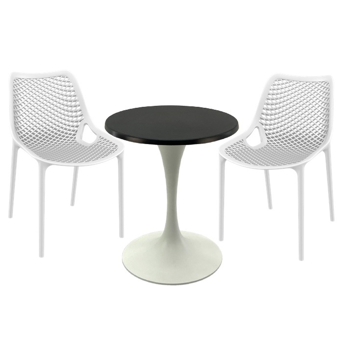 Set mobila pentru terasa restaurant, 2 scaune London Air albe cu masa rotunda 60x74cm Raki MAPLE blat werzalit si picior metalic cu baza 50cm