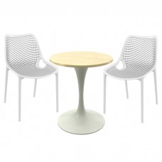 Set mobila pentru terasa restaurant, 2 scaune London Air albe cu masa rotunda 60x74cm Raki MAPLE blat werzalit si picior metalic cu baza 50cm