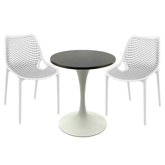 Set mobila pentru terasa restaurant, 2 scaune London Air albe cu masa rotunda 60x74cm Raki MAPLE blat werzalit si picior metalic cu baza 50cm