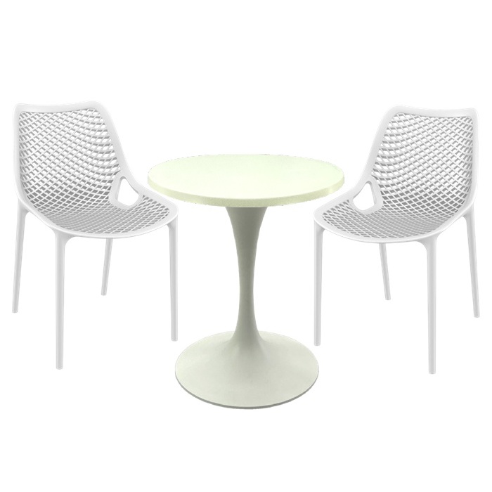 Set mobila pentru terasa restaurant, 2 scaune London Air albe cu masa rotunda 60x74cm Raki MAPLE blat werzalit si picior metalic cu baza 50cm