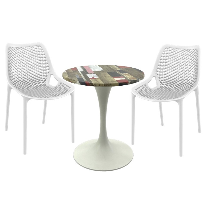 Set mobila pentru terasa restaurant, 2 scaune London Air albe cu masa rotunda 60x74cm Raki MAPLE blat werzalit si picior metalic cu baza 50cm