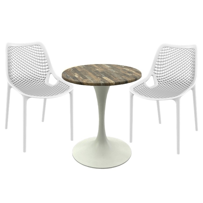 Set mobila pentru terasa restaurant, 2 scaune London Air albe cu masa rotunda 60x74cm Raki MAPLE blat werzalit si picior metalic cu baza 50cm