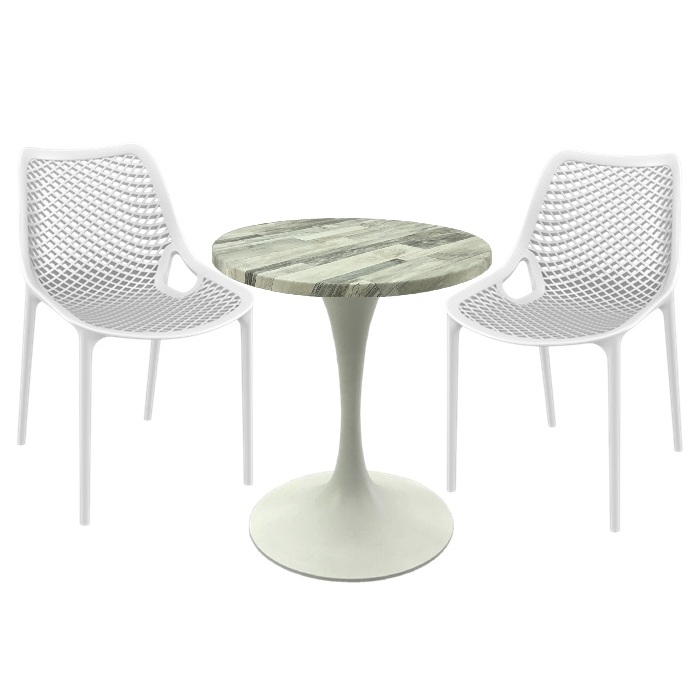 Set mobila pentru terasa restaurant, 2 scaune London Air albe cu masa rotunda 60x74cm Raki MAPLE blat werzalit si picior metalic cu baza 50cm