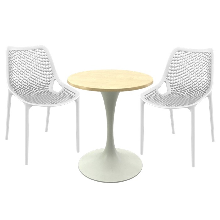 Set mobila pentru terasa restaurant, 2 scaune London Air albe cu masa rotunda 60x74cm Raki MAPLE blat werzalit si picior metalic cu baza 50cm