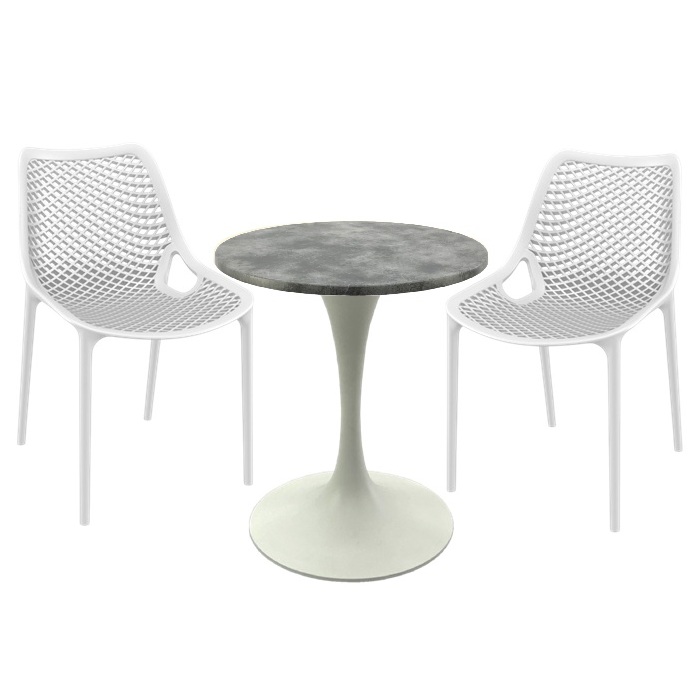 Set mobila pentru terasa restaurant, 2 scaune London Air albe cu masa rotunda 60x74cm Raki MAPLE blat werzalit si picior metalic cu baza 50cm