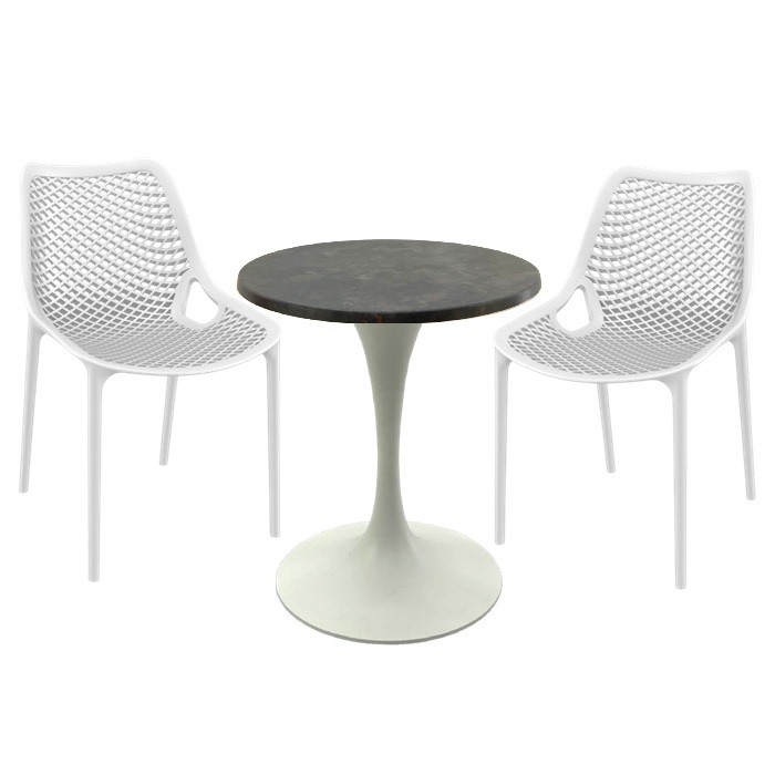 Set mobila pentru terasa restaurant, 2 scaune London Air albe cu masa rotunda 60x74cm Raki MAPLE blat werzalit si picior metalic cu baza 50cm