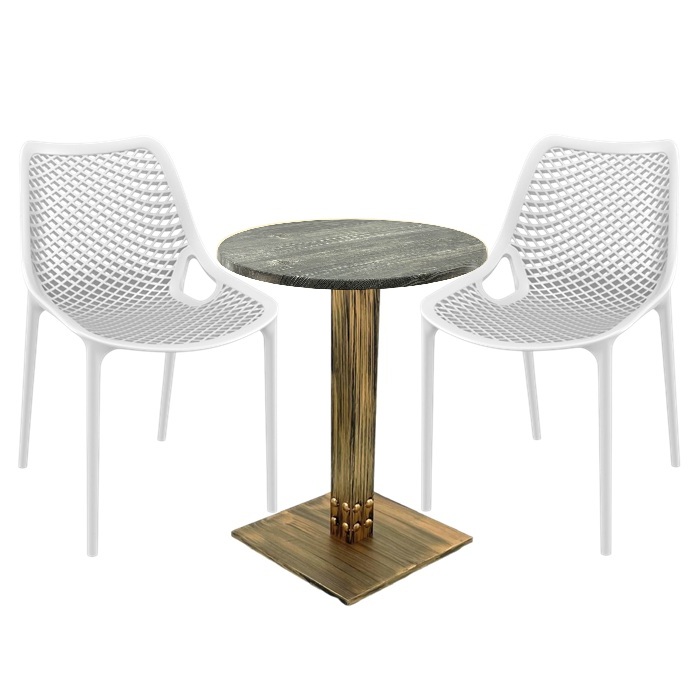 Set mobila pentru terasa restaurant, 2 scaune London Air albe cu masa rotunda 60x74cmcm Raki MAPLE blat werzalit si picior metalic aspect bronz antichizat