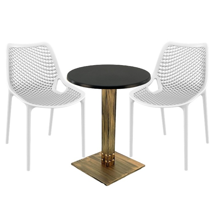 Set mobila pentru terasa restaurant, 2 scaune London Air albe cu masa rotunda 60x74cmcm Raki MAPLE blat werzalit si picior metalic aspect bronz antichizat