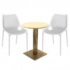 Set mobila pentru terasa restaurant, 2 scaune London Air albe cu masa rotunda 60x74cmcm Raki MAPLE blat werzalit si picior metalic aspect bronz antichizat