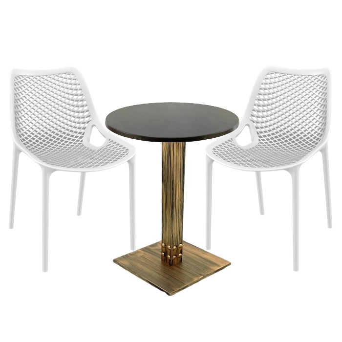 Set mobila pentru terasa restaurant, 2 scaune London Air albe cu masa rotunda 60x74cmcm Raki MAPLE blat werzalit si picior metalic aspect bronz antichizat