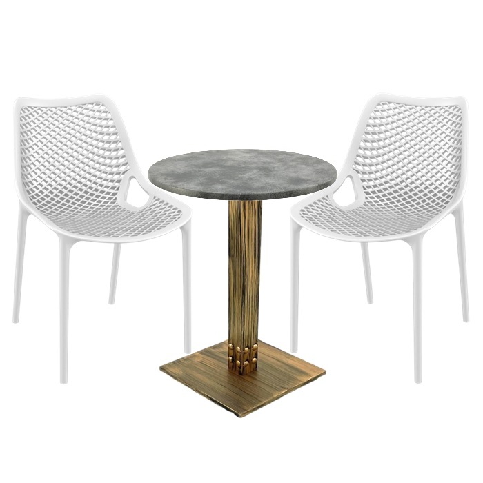 Set mobila pentru terasa restaurant, 2 scaune London Air albe cu masa rotunda 60x74cmcm Raki MAPLE blat werzalit si picior metalic aspect bronz antichizat