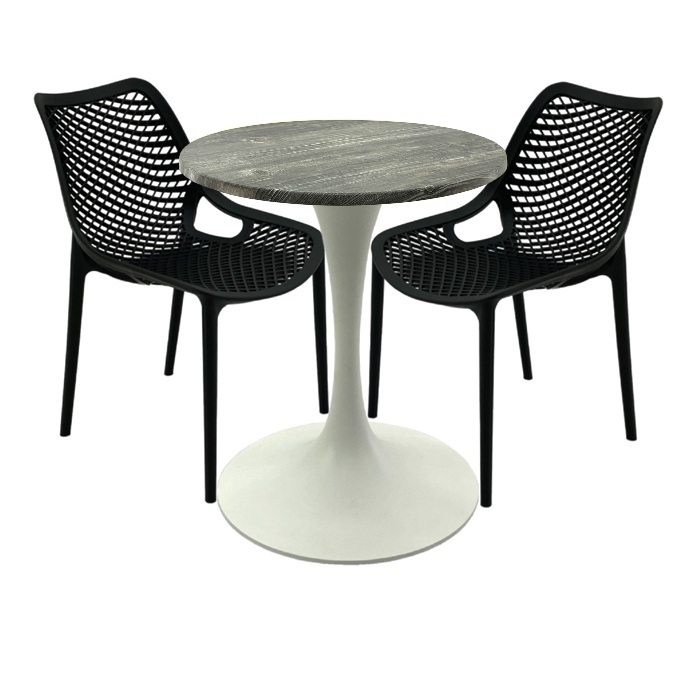 Set mobila pentru terasa restaurant, 2 scaune London Air negru suprapozabile cu masa rotunda 60x72cm Raki MAPLE blat werzalit si picior turnat 50cm