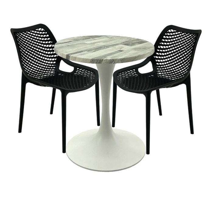Set mobila pentru terasa restaurant, 2 scaune London Air negru suprapozabile cu masa rotunda 60x72cm Raki MAPLE blat werzalit si picior turnat 50cm