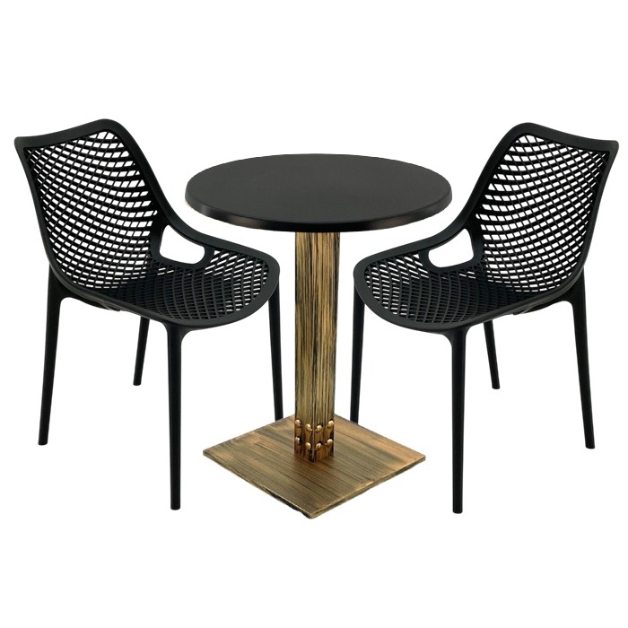 Set mobila pentru terasa restaurant, 2 scaune London Air negru suprapozabile cu masa rotunda 60x72cmcm Raki MAPLE blat werzalit si picior metalic aspect bronz antichizat