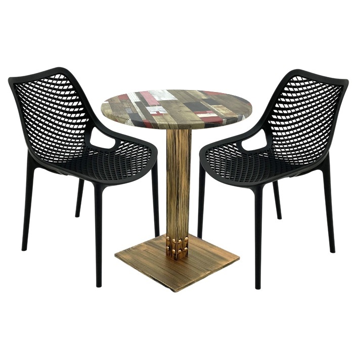 Set mobila pentru terasa restaurant, 2 scaune London Air negru suprapozabile cu masa rotunda 60x72cmcm Raki MAPLE blat werzalit si picior metalic aspect bronz antichizat