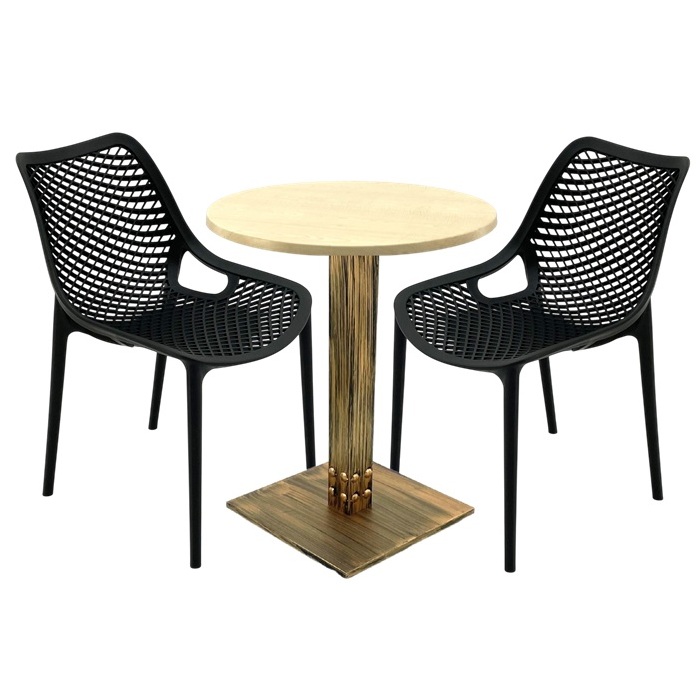 Set mobila pentru terasa restaurant, 2 scaune London Air negru suprapozabile cu masa rotunda 60x72cmcm Raki MAPLE blat werzalit si picior metalic aspect bronz antichizat