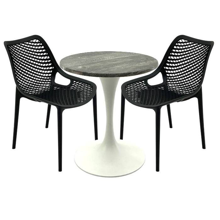 Set mobila restaurant, 2 scaune London Air negru suprapozabile cu masa rotunda 70x72cm Raki MAPLE blat werzalit si picior turnat 50cm