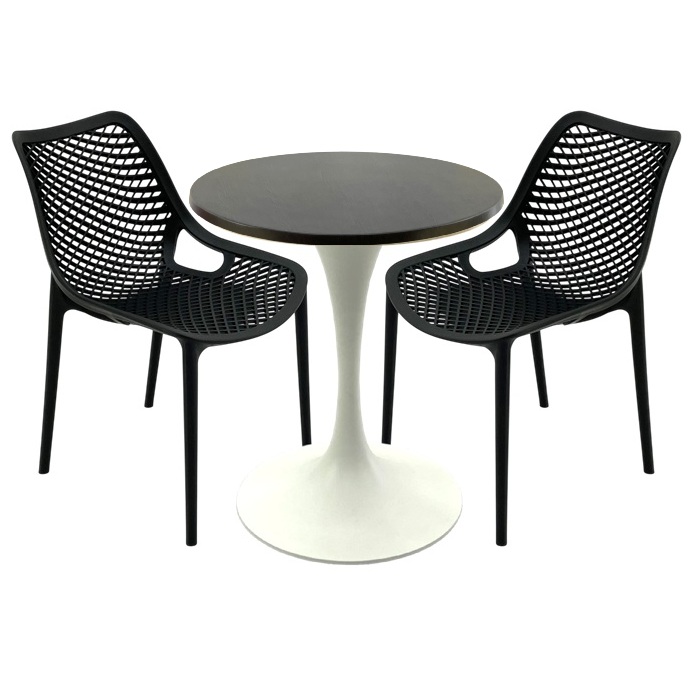 Set mobila restaurant, 2 scaune London Air negru suprapozabile cu masa rotunda 70x72cm Raki MAPLE blat werzalit si picior turnat 50cm