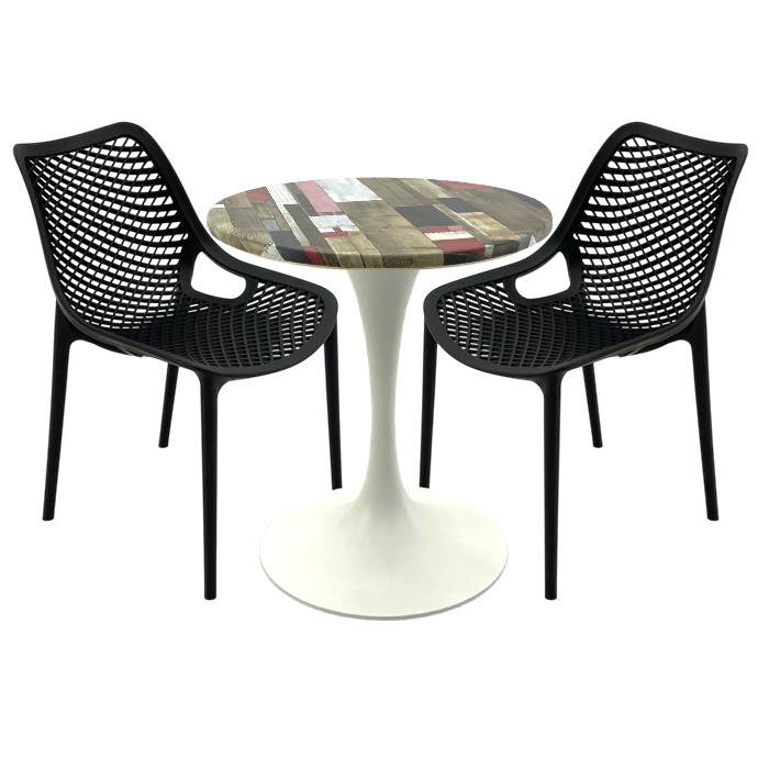 Set mobila restaurant, 2 scaune London Air negru suprapozabile cu masa rotunda 70x72cm Raki MAPLE blat werzalit si picior turnat 50cm