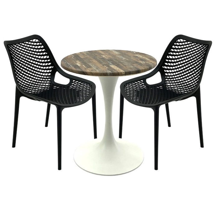 Set mobila restaurant, 2 scaune London Air negru suprapozabile cu masa rotunda 70x72cm Raki MAPLE blat werzalit si picior turnat 50cm