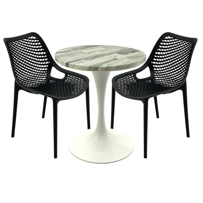 Set mobila restaurant, 2 scaune London Air negru suprapozabile cu masa rotunda 70x72cm Raki MAPLE blat werzalit si picior turnat 50cm