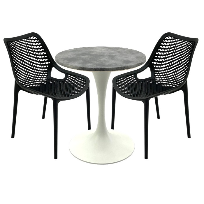 Set mobila restaurant, 2 scaune London Air negru suprapozabile cu masa rotunda 70x72cm Raki MAPLE blat werzalit si picior turnat 50cm