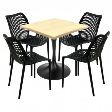 Set mobila restaurant Raki Maple,  masa patrata 80x80x74cm blat werzalit,4 scaune London Air negru suprapozabile , picior,baza rotunda,negru