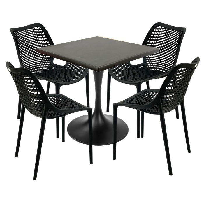 Set mobila restaurant Raki Maple,  masa patrata 80x80x74cm blat werzalit,4 scaune London Air negru suprapozabile , picior,baza rotunda,negru