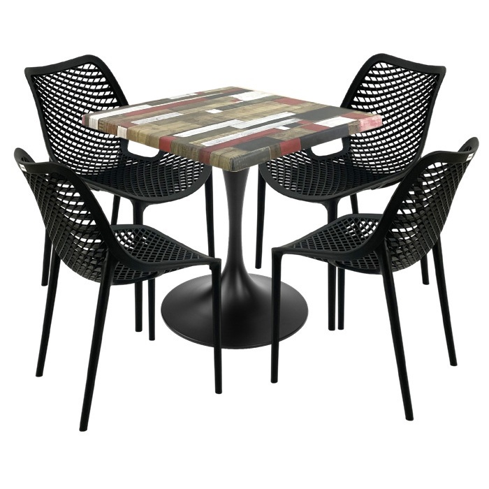 Set mobila restaurant Raki Maple,  masa patrata 80x80x74cm blat werzalit,4 scaune London Air negru suprapozabile , picior,baza rotunda,negru
