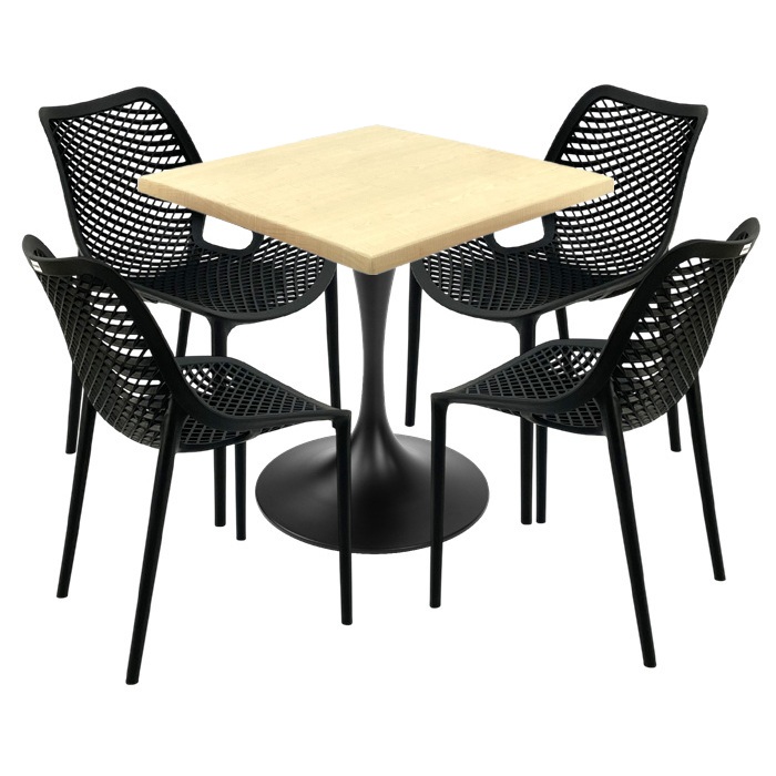 Set mobila restaurant Raki Maple,  masa patrata 80x80x74cm blat werzalit,4 scaune London Air negru suprapozabile , picior,baza rotunda,negru
