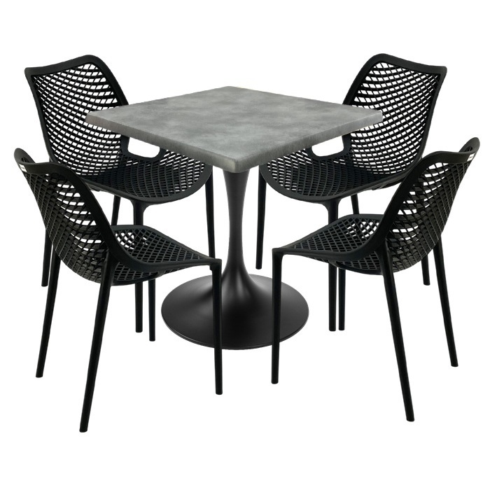 Set mobila restaurant Raki Maple,  masa patrata 80x80x74cm blat werzalit,4 scaune London Air negru suprapozabile , picior,baza rotunda,negru