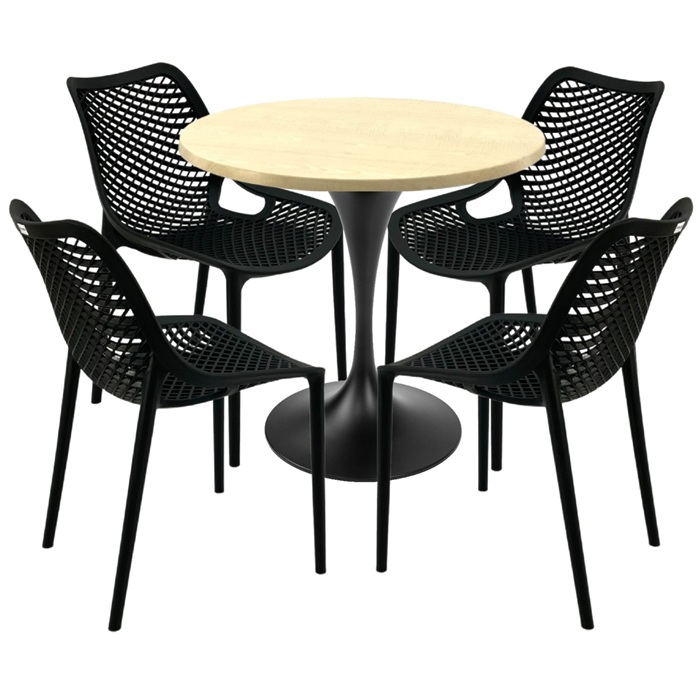 Set mobilier bar 5 pieset, 4 scaune London Air negru suprapozabile cu masa rotunda 80x74cm Raki MAPLE blat werzalit si picior,baza rotunda,negru