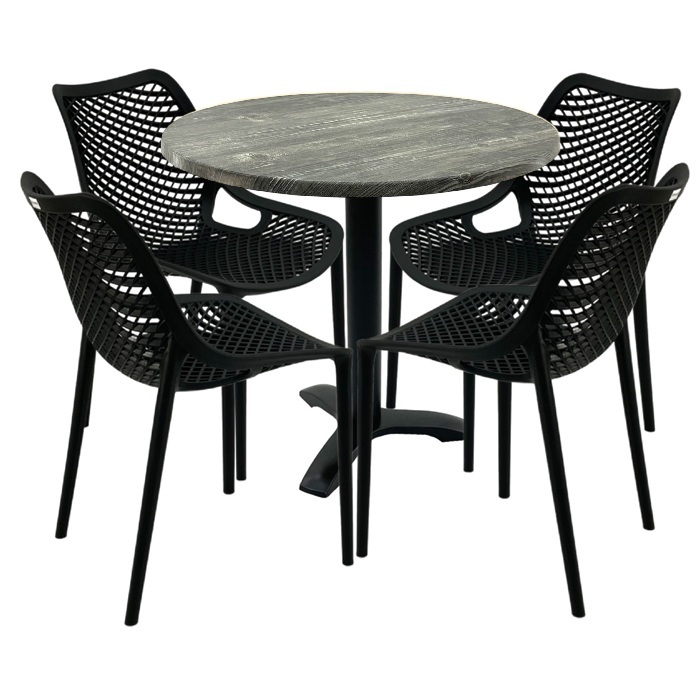 Set mobilier de cafenea, masa rotunda 80x72cm Raki MAPLE blat werzalit,4 scaune London Air negru suprapozabile, picior metalic culoare negru