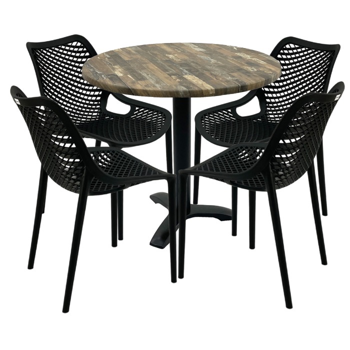 Set mobilier de cafenea, masa rotunda 80x72cm Raki MAPLE blat werzalit,4 scaune London Air negru suprapozabile, picior metalic culoare negru