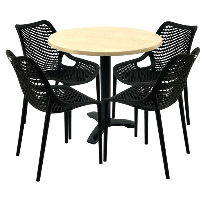 Set mobilier de cafenea, masa rotunda 80x72cm Raki MAPLE blat werzalit,4 scaune London Air negru suprapozabile, picior metalic culoare negru