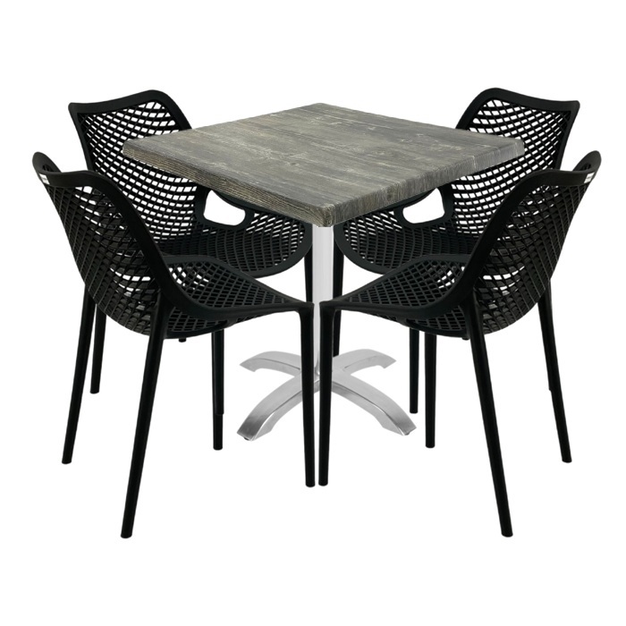 Set mobilier de exterior cafenea, 4 scaune London Air negru suprapozabile cu masa patrata 80x80x74cm Raki Maple blat werzalit,baza  aluminiu