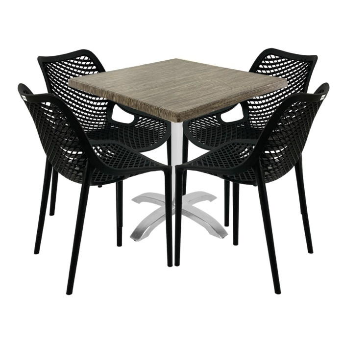 Set mobilier de exterior cafenea, 4 scaune London Air negru suprapozabile cu masa patrata 80x80x74cm Raki Maple blat werzalit,baza  aluminiu