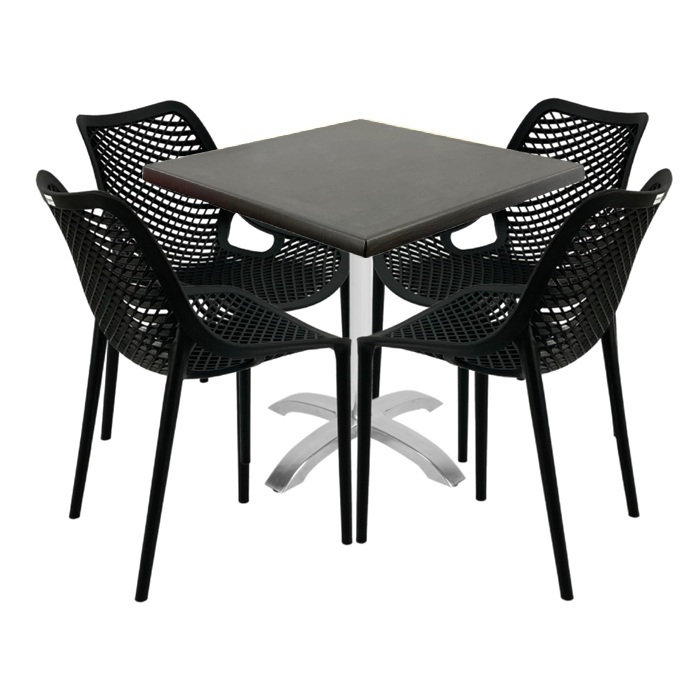 Set mobilier de exterior cafenea, 4 scaune London Air negru suprapozabile cu masa patrata 80x80x74cm Raki Maple blat werzalit,baza  aluminiu