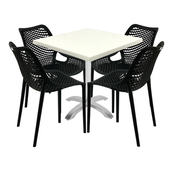 Set mobilier de exterior cafenea, 4 scaune London Air negru suprapozabile cu masa patrata 80x80x74cm Raki Maple blat werzalit,baza  aluminiu